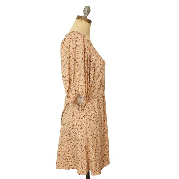 VELVET TORCH Puff Sleeve Mini Dress S Sage Ditsy Floral Print Light Brown NWT A4 - Picture 2 of 5